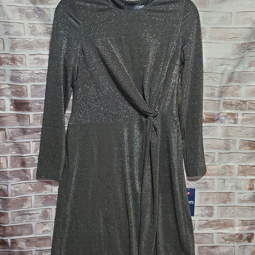 Chaps Black and Silver Metallic Sparkly Twist Front Midi Dress Size PM